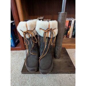 Technica Women’s 7 Brown Leather Sherpa Lined Mid Calf Snow Boots Laced